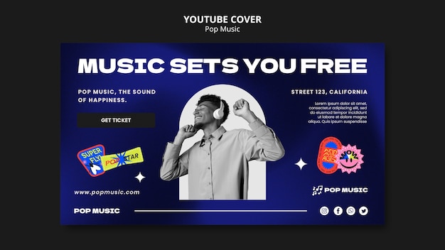 PSD gratuito plantilla de portada de youtube de música pop degradada