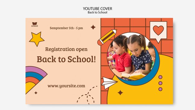Plantilla de portada de youtube de regreso a la escuela con útiles escolares