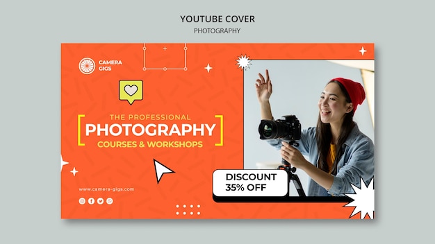 Plantilla de portada de youtube de taller de lecciones de fotografía