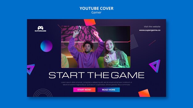 Plantilla de portada de youtube de videojuegos con formas geométricas degradadas
