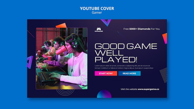 PSD gratuito plantilla de portada de youtube de videojuegos con formas geométricas degradadas