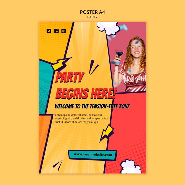 Plantilla de póster a4 de fiesta de estilo cómico