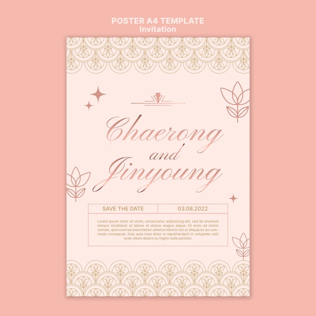 Plantilla de póster a4 de invitación de boda de oro rosa
