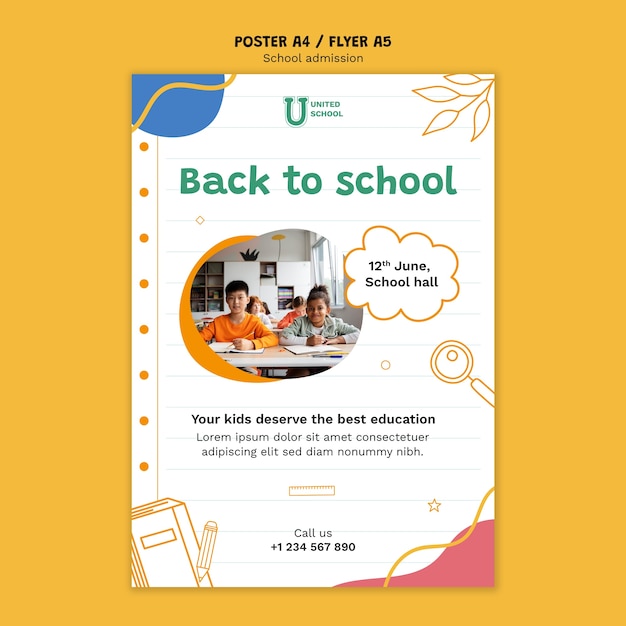 Plantilla de póster de admisión escolar dibujada a mano