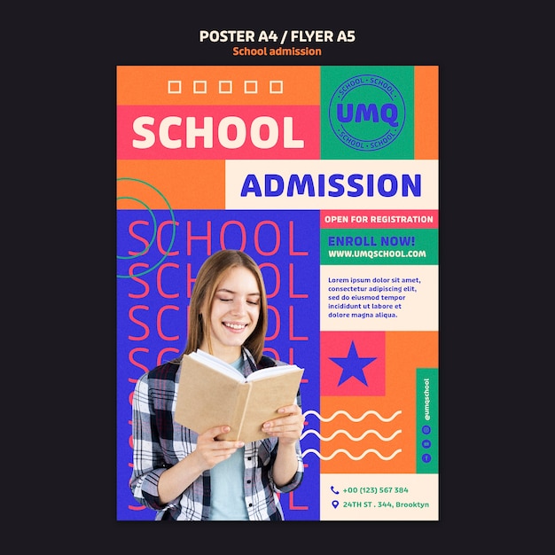 PSD gratuito plantilla de póster de admisión a la escuela de diseño plano