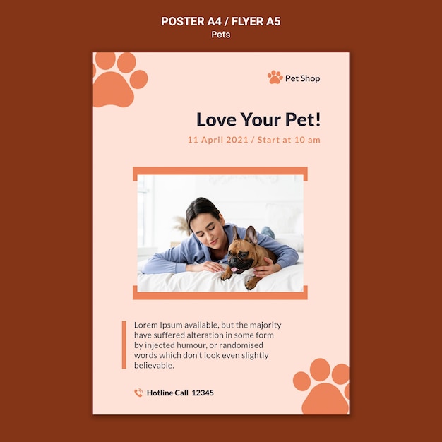 Plantilla de póster para adopción de mascotas.
