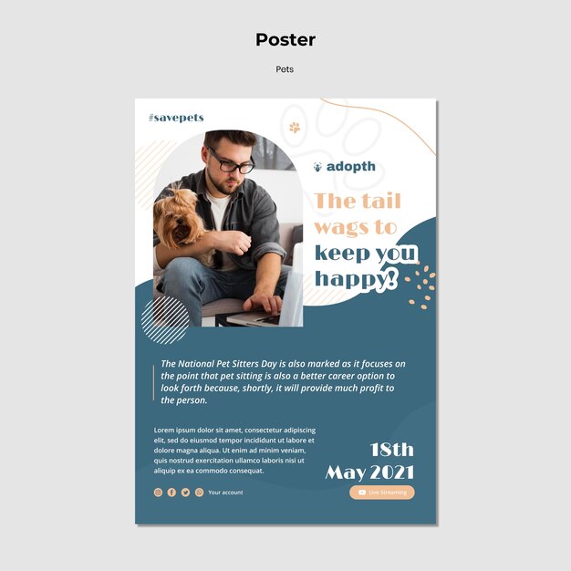 Plantilla de póster para adopción de mascotas.
