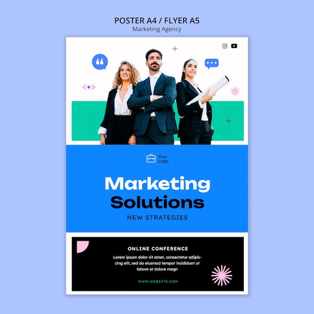 PSD gratuito plantilla de póster de agencia de marketing de diseño plano