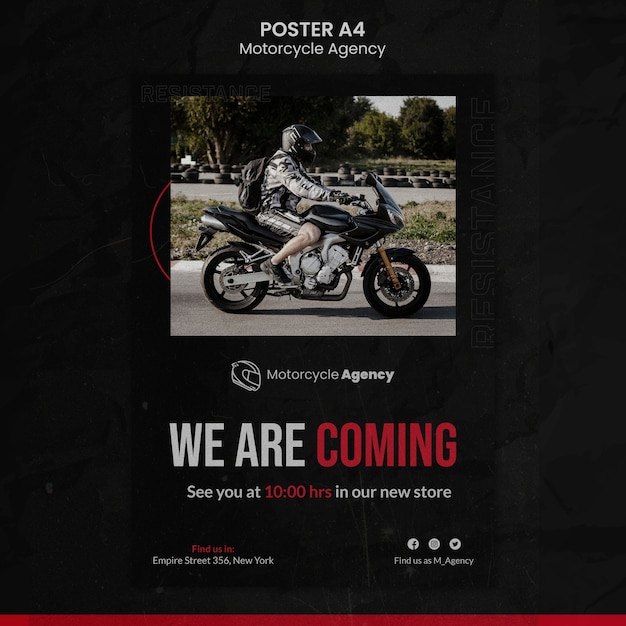 Plantilla de póster para agencia de motocicletas con piloto masculino.