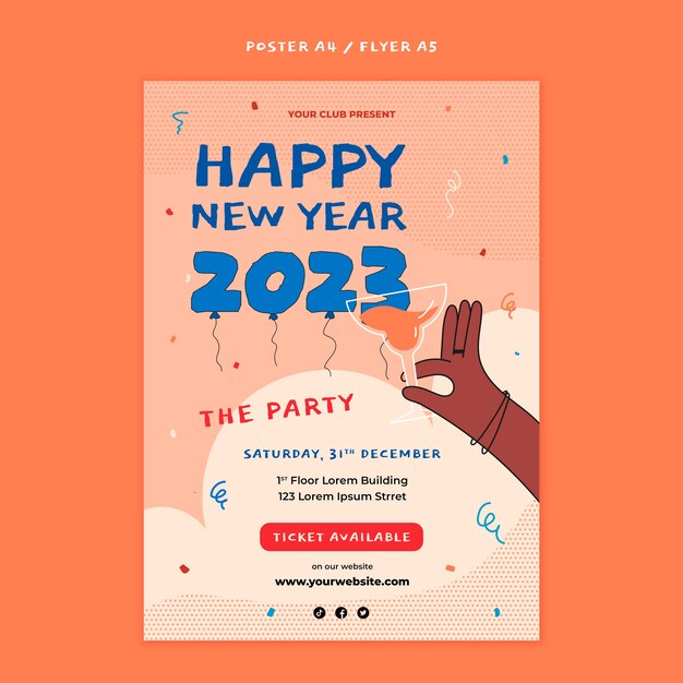 Plantilla de póster de año nuevo 2023 dibujado a mano