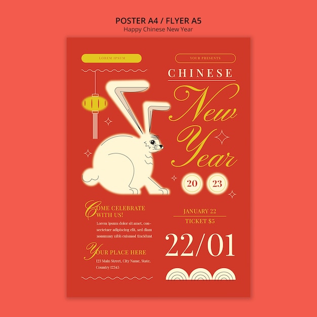 Plantilla de póster de año nuevo chino de diseño plano