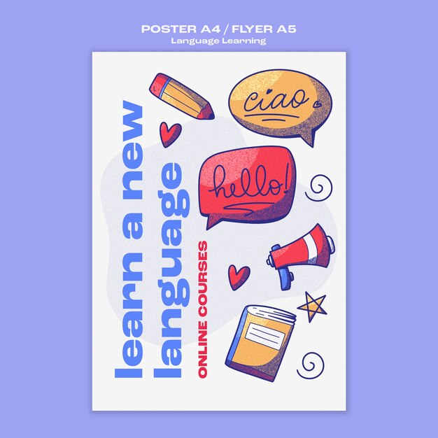 Plantilla de póster de aprendizaje de idiomas dibujado a mano