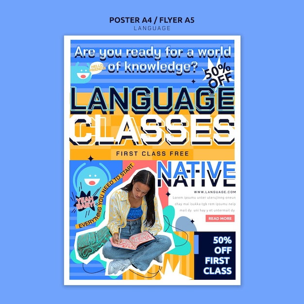 PSD gratuito plantilla de póster de aprendizaje de idiomas de diseño plano