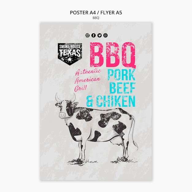 Plantilla de póster de barbacoa con vaca