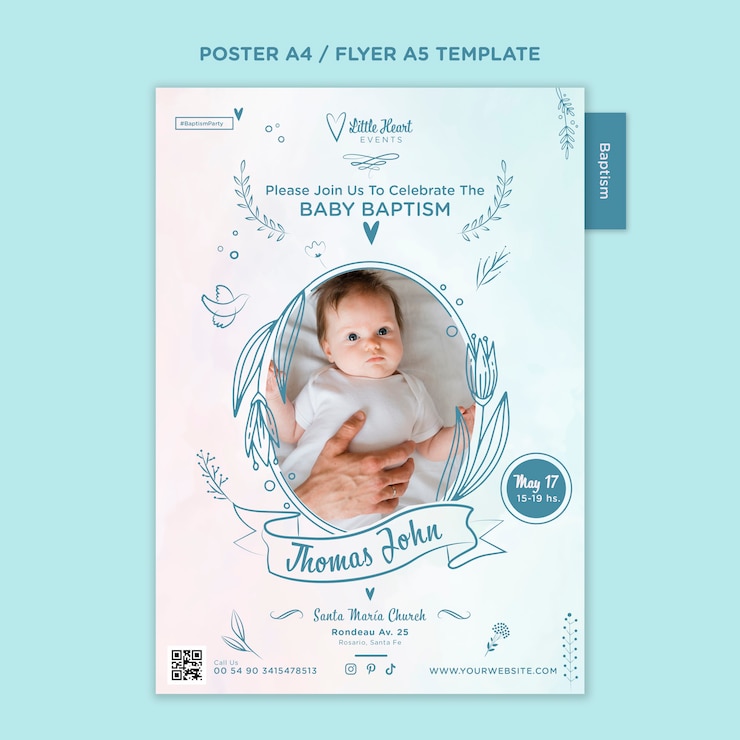 PSD gratuito plantilla de póster de bautismo de diseño plano