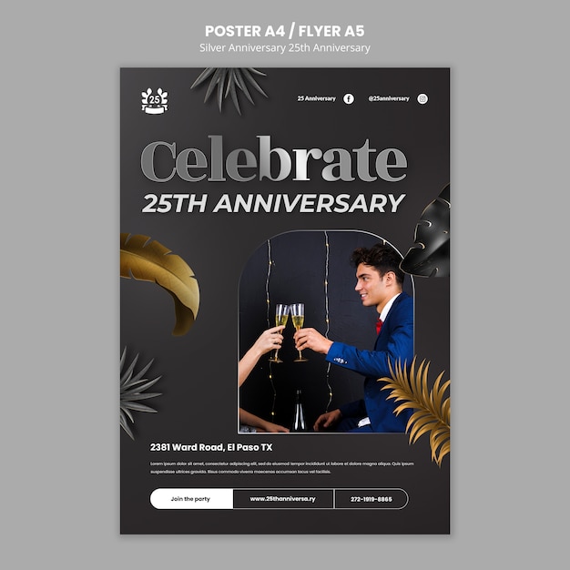 PSD gratuito plantilla de póster de celebración del 25 aniversario