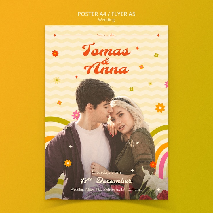 PSD gratuito plantilla de póster de celebración de boda de diseño plano