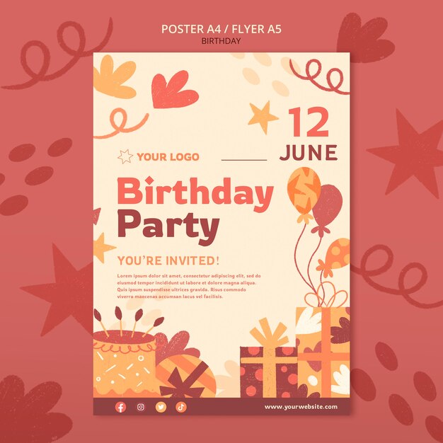 Plantilla de póster de celebración de cumpleaños de diseño plano