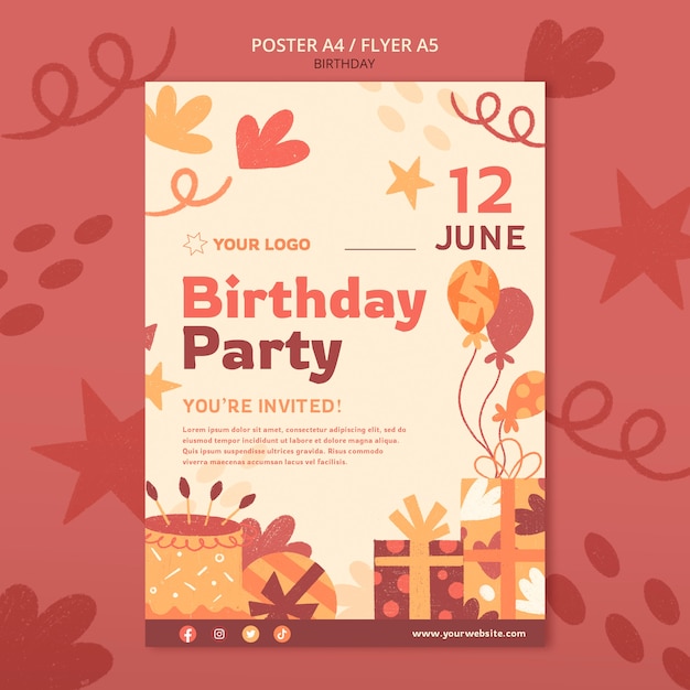 Plantilla de póster de celebración de cumpleaños de diseño plano