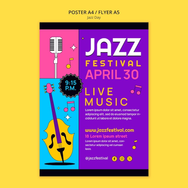 PSD gratuito plantilla de póster para la celebración del día del jazz.