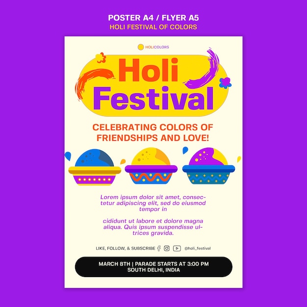 PSD gratuito plantilla de póster de celebración del festival holi