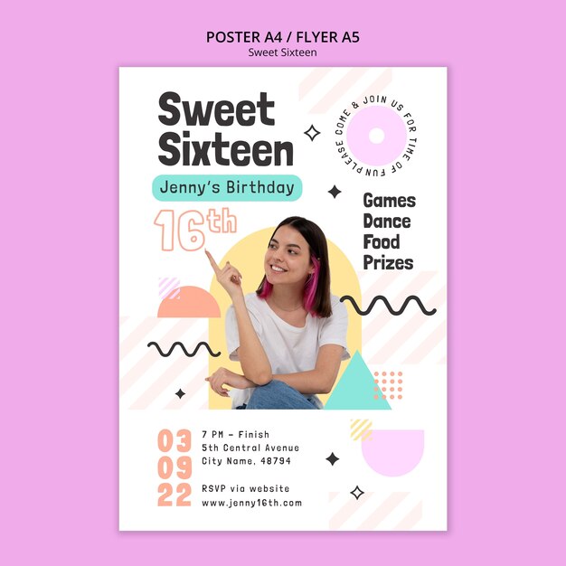 Plantilla de póster de celebración geométrica dulce 16
