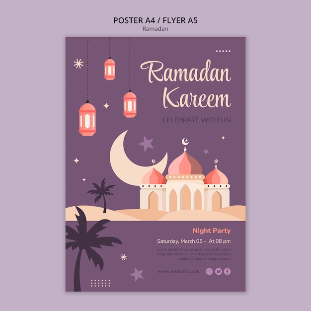 Plantilla de póster de celebración de ramadán de diseño plano