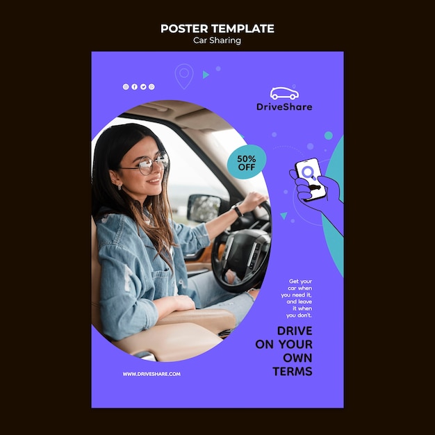 PSD gratuito plantilla de póster de coche compartido de diseño plano