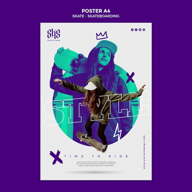 PSD gratuito plantilla de póster de concepto de skate