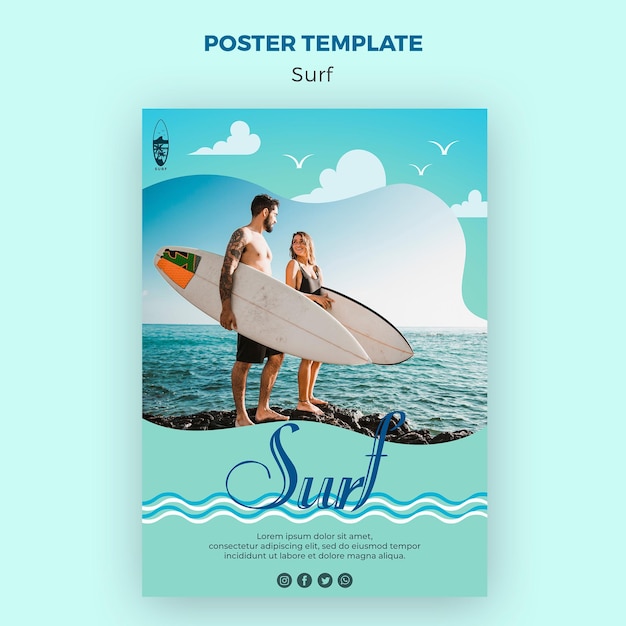 PSD gratuito plantilla de póster de concepto de surf