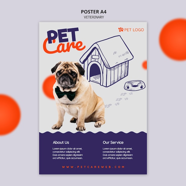 PSD gratuito plantilla de póster para el cuidado de mascotas con perro con pajarita