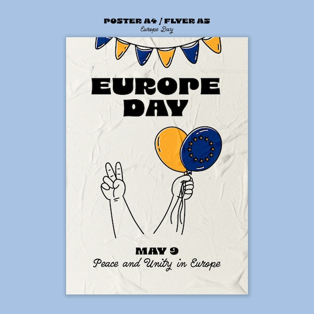 PSD gratuito plantilla de póster del día de europa dibujado a mano