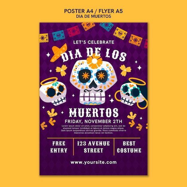 PSD gratuito plantilla de póster de dia de muertos dibujado a mano