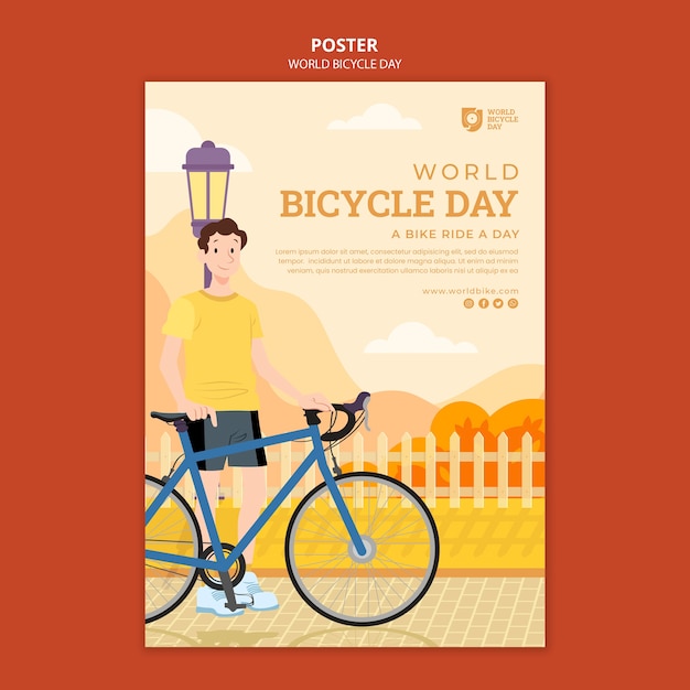 Plantilla de póster del día mundial de la bicicleta de diseño plano