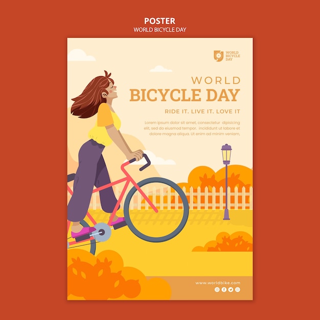 Plantilla de póster del día mundial de la bicicleta de diseño plano