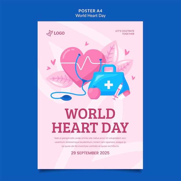 PSD gratuito plantilla de póster del día mundial del corazón de diseño plano