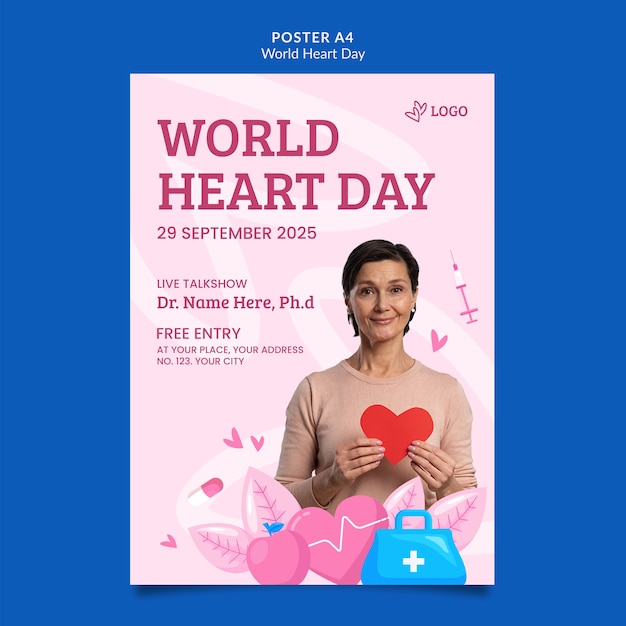 PSD gratuito plantilla de póster del día mundial del corazón de diseño plano