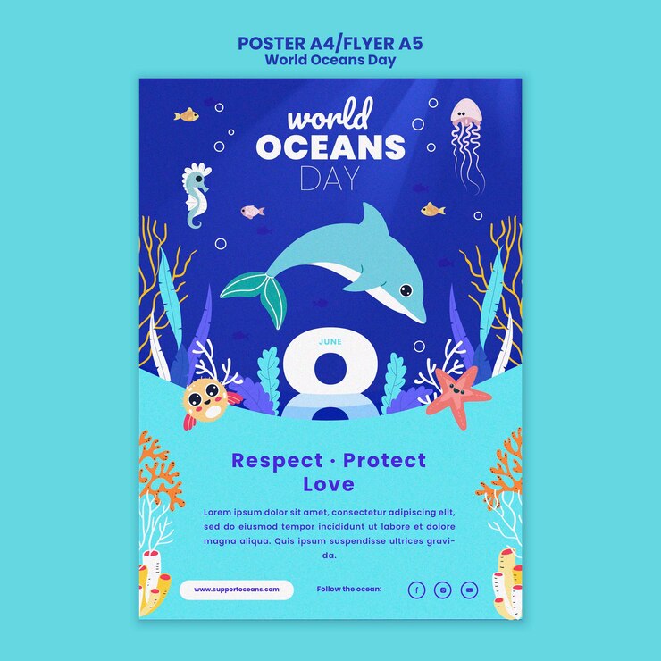 PSD gratuito plantilla de póster del día mundial del océano
