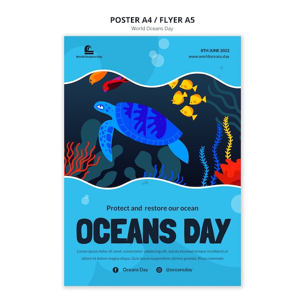 Plantilla de póster del día mundial de los océanos de diseño plano