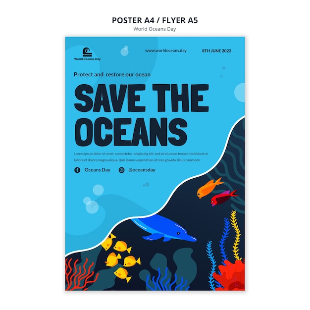 Plantilla de póster del día mundial de los océanos de diseño plano