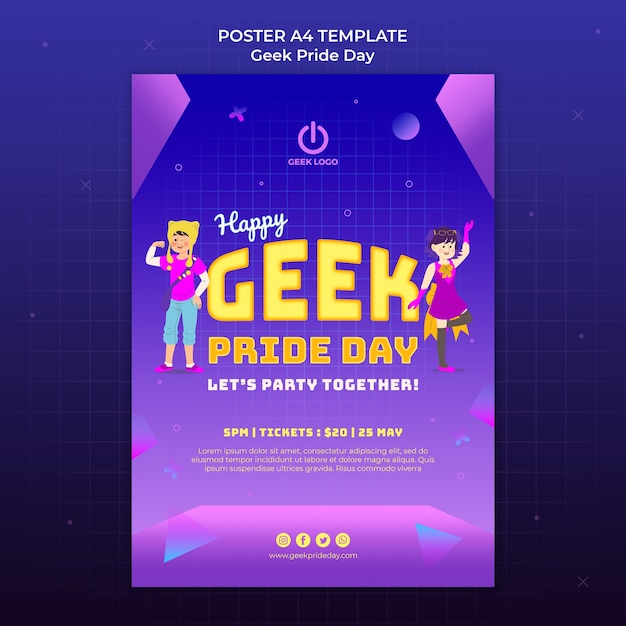 Plantilla de póster del día del orgullo friki con frikis felices