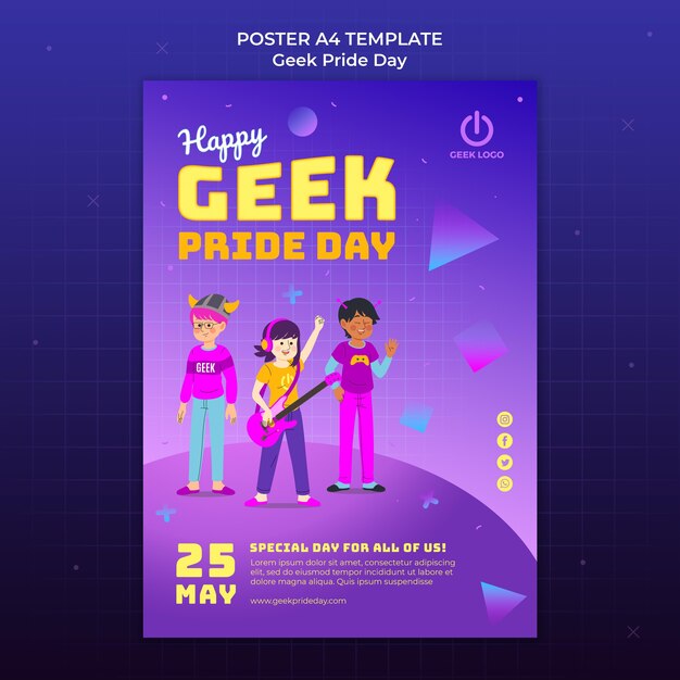 Plantilla de póster del día del orgullo geek con gente animando