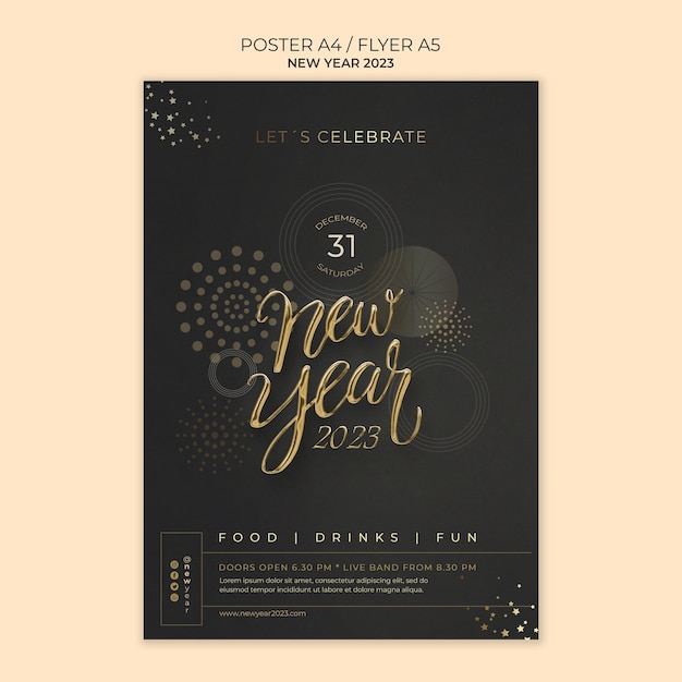 Plantilla de póster dorado de año nuevo 2023