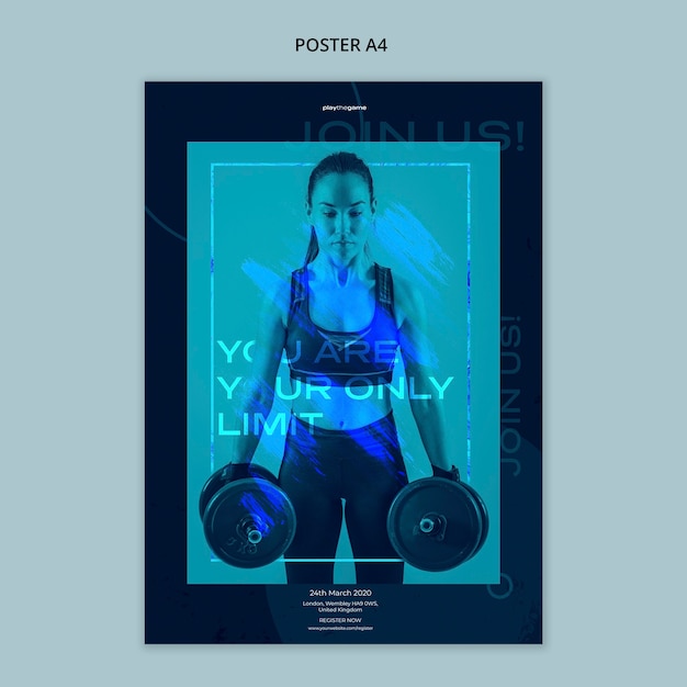 Plantilla de póster para ejercicio físico con mujer levantando pesas