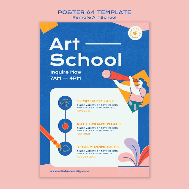 PSD gratuito plantilla de póster de escuela de arte remota