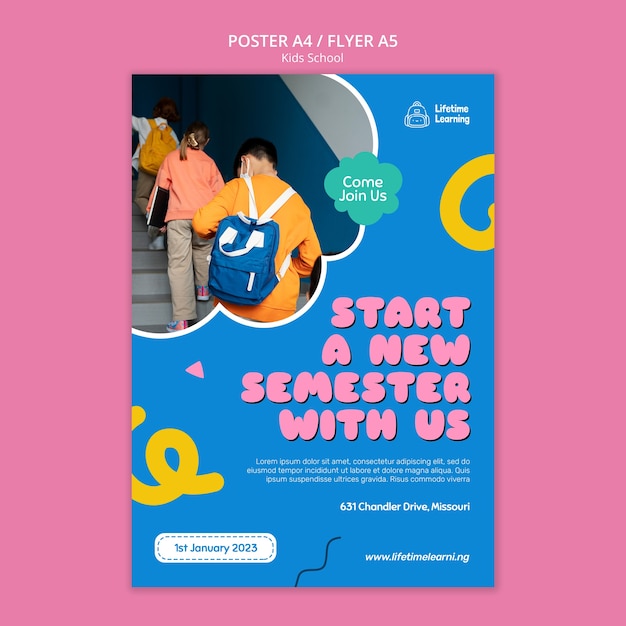 PSD gratuito plantilla de póster de escuela infantil de diseño plano