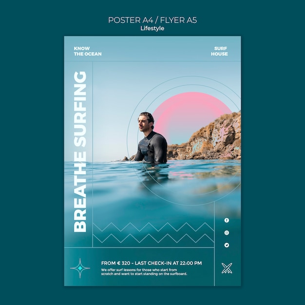 PSD gratuito plantilla de póster de estilo de vida de surf