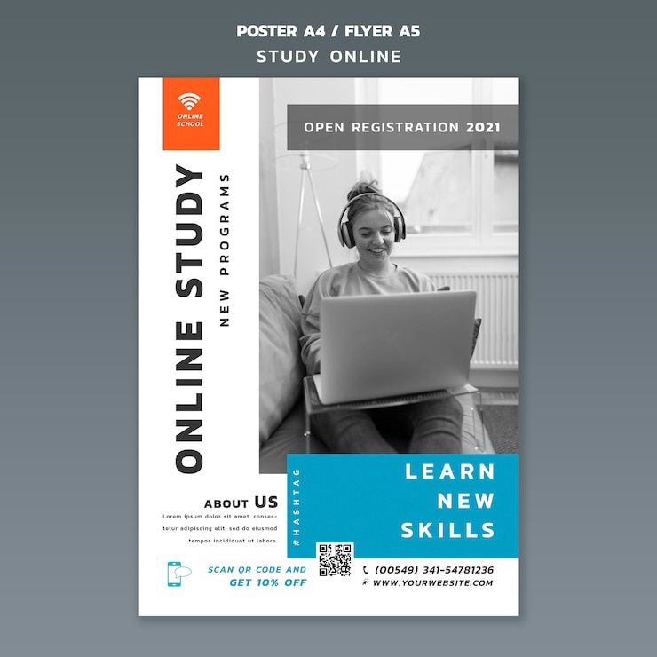 PSD gratuito plantilla de póster de estudio en línea
