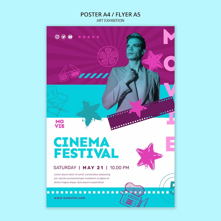 PSD gratuito plantilla de póster de festival de cine dibujado a mano
