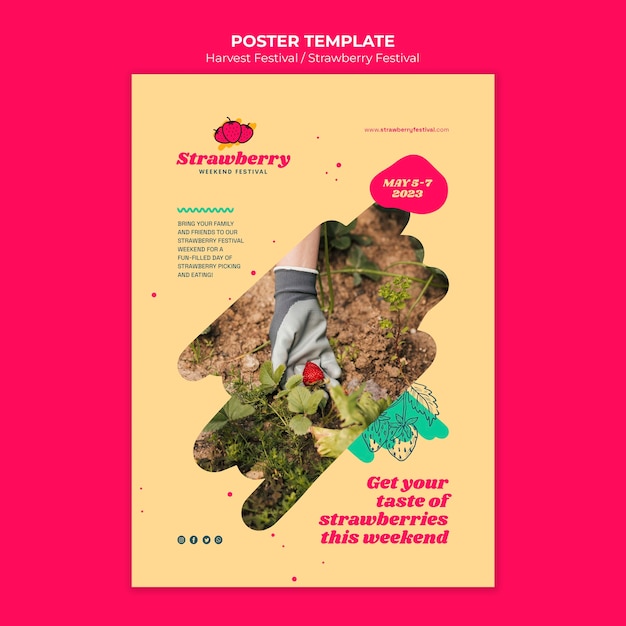 PSD gratuito plantilla de póster de festival de fresas de diseño plano